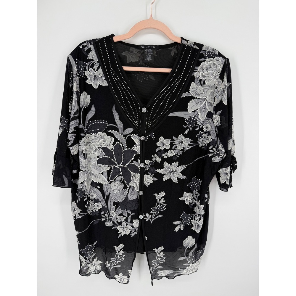 VTG Appointments Floral Mesh Blouse Women 3X Black Rhinstone V-Neck Top Y2K